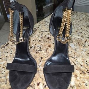 Versace Black Heels with Gold Chain Detail